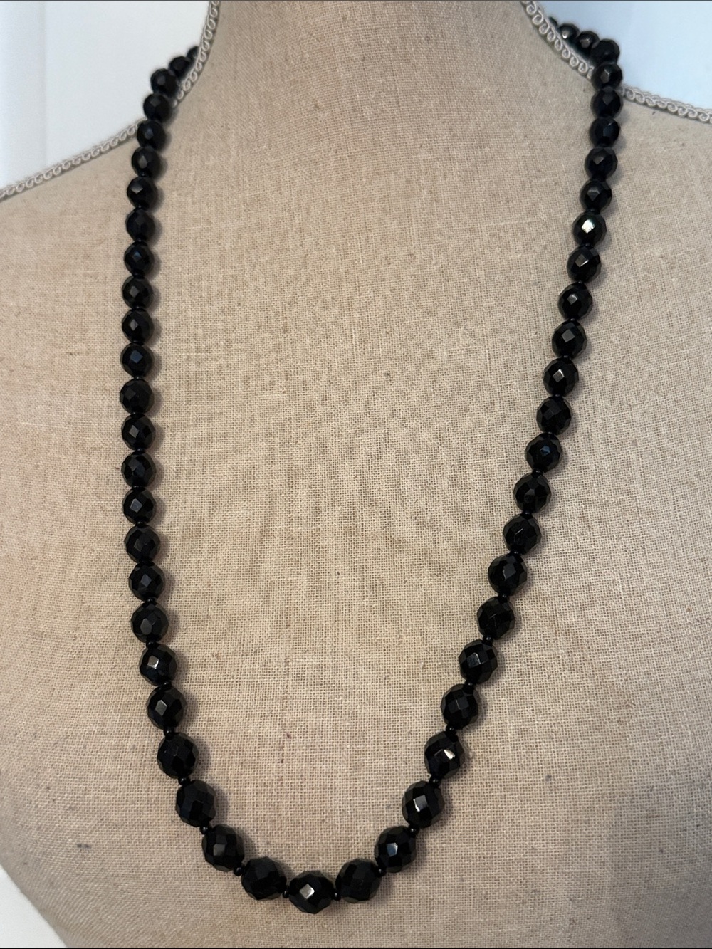 VINTAGE NECKLACE LONG STRAND BLACK FACETED CRYSTALS 30.5”